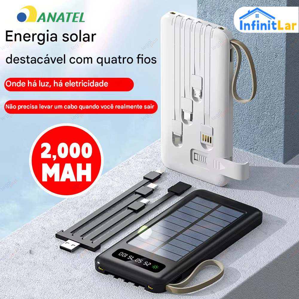 Carregador Portátil 20.000mah, Painel Solar, 5 Cabos em 1 e LED Iluminação