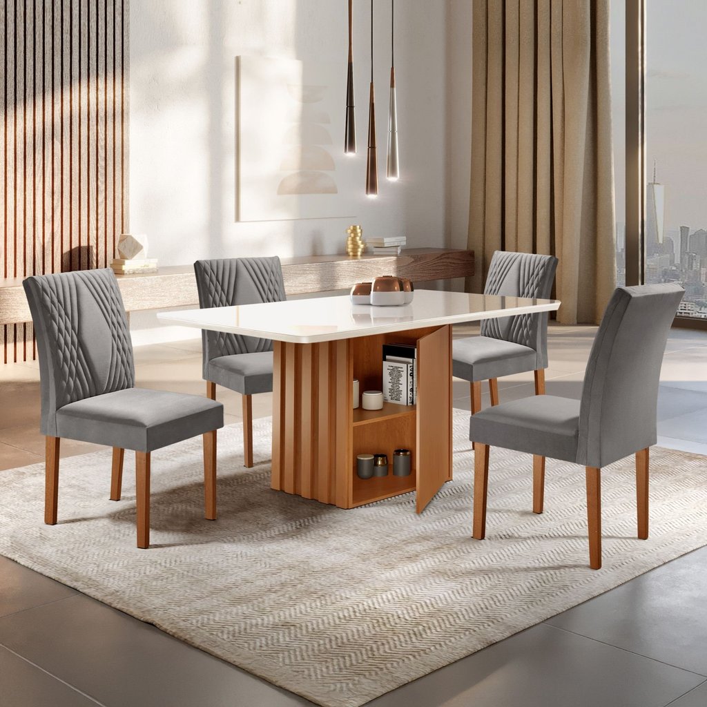 Conjunto Sala de Jantar Mesa Tampo Smart Plus Vidro 120x90cm com 4 Cadeiras Elis Yescasa Cinamomo/Off White/Suede Cinza em Oferta na Shopee