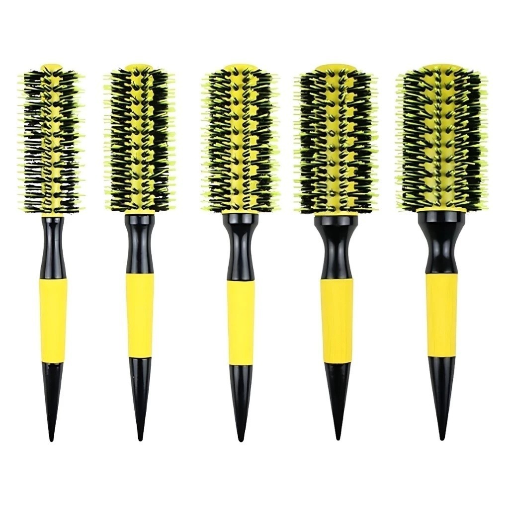 Escova De Cabelo Térmica Amarela Cerdas De Javali Mista Madeira