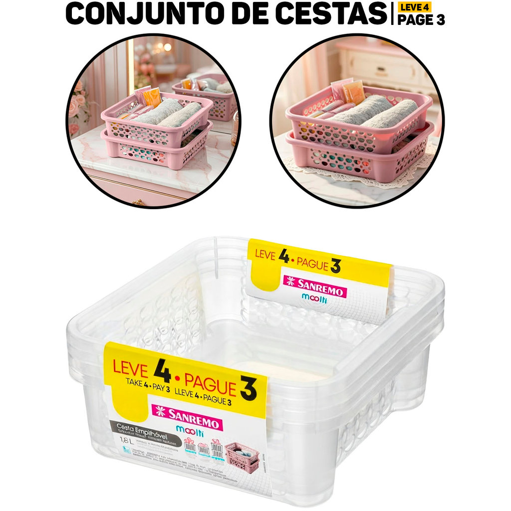 Jogo Cesto Organizador P/ Armário Geladeira E Gaveta 1,6L Leve 4 Pague 3 Sanremo Original em Oferta na Shopee