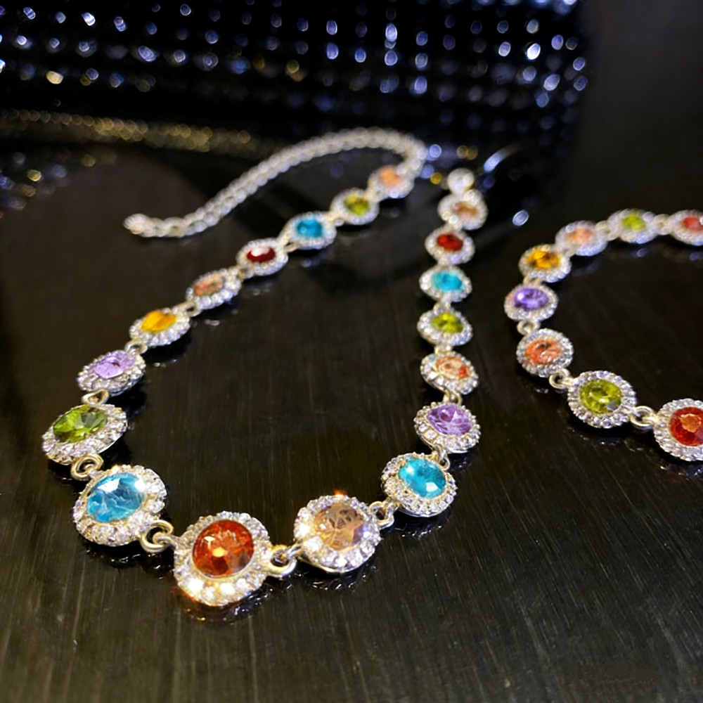 Conjunto de pulseira e colar com zircônias coloridas para mulheres, ideal para casamentos e outras ocasiões. em Oferta na Shopee