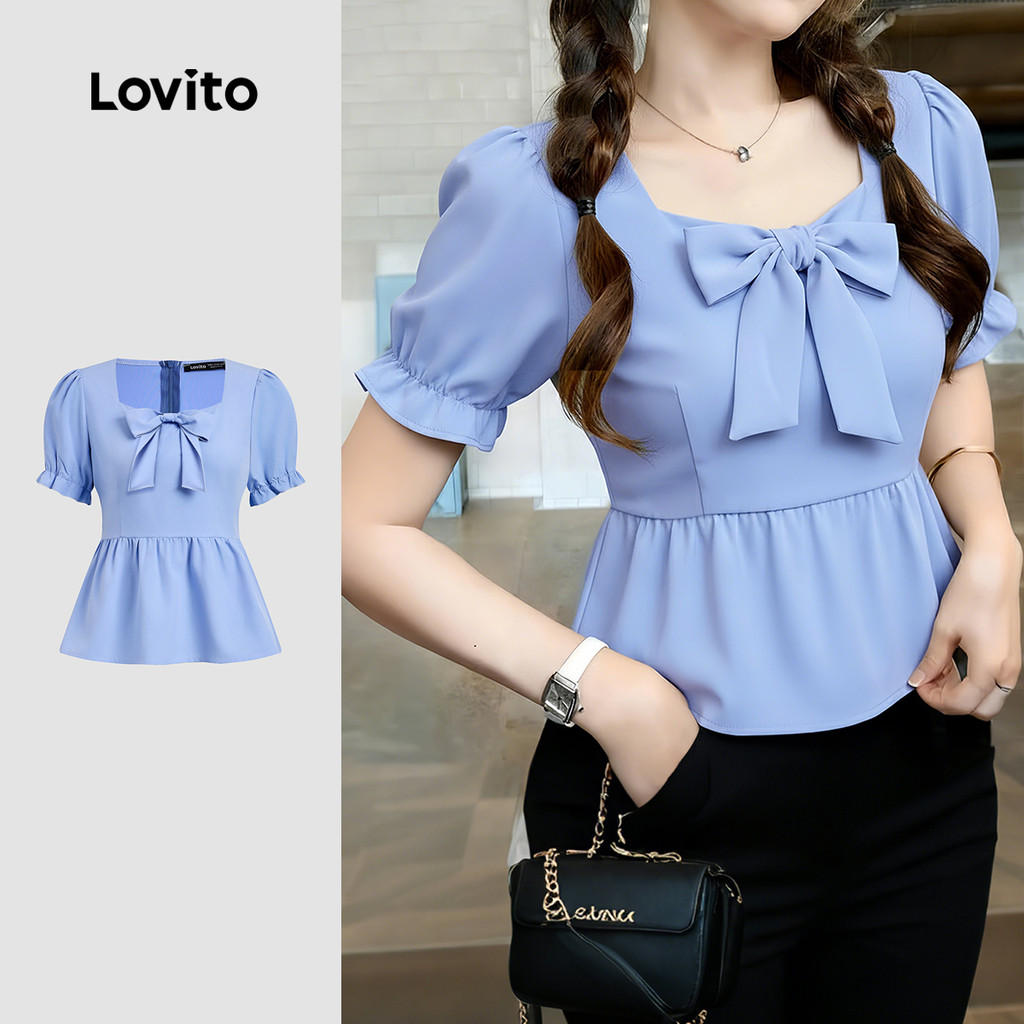 Lovito  Blusa Casual com Laço Zíper e Pregas para Primavera/verão Azul para Mulheres L177ED234 em Oferta na Shopee