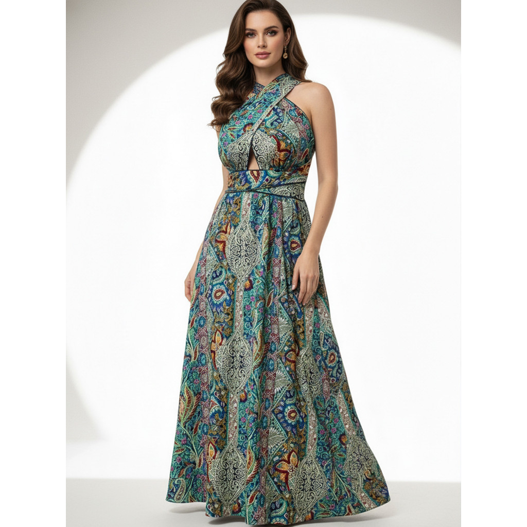 Vestido Feminino Plus Size Boho Halter Maxi Paisley Estampa Aberta Nas Costas Gravata Cintura Vintage Verão Praia Férias