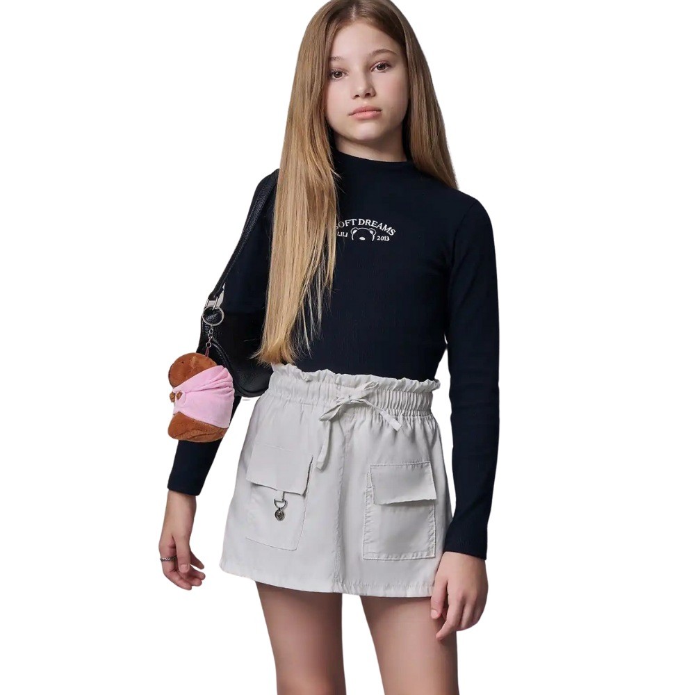 Conjunto Juvenil Menina Lilimoon Blusa Boxy Canelada e Short Saia em Nylon