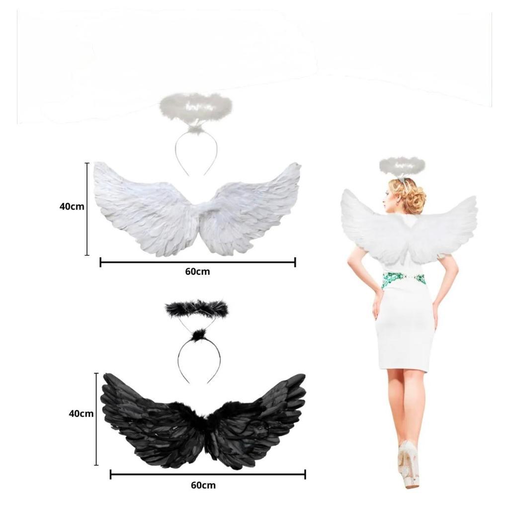 Kit Fantasia Asa Anjo + Tiara Aureola Fantasia Halloween Carnaval Festas Cosplay