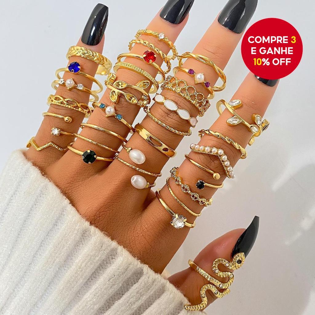 Conjunto de Anéis de Cristal e Pérola Vintage com Trinta Peças para Mulheres, Joias para Festa Empilháveis, Presente