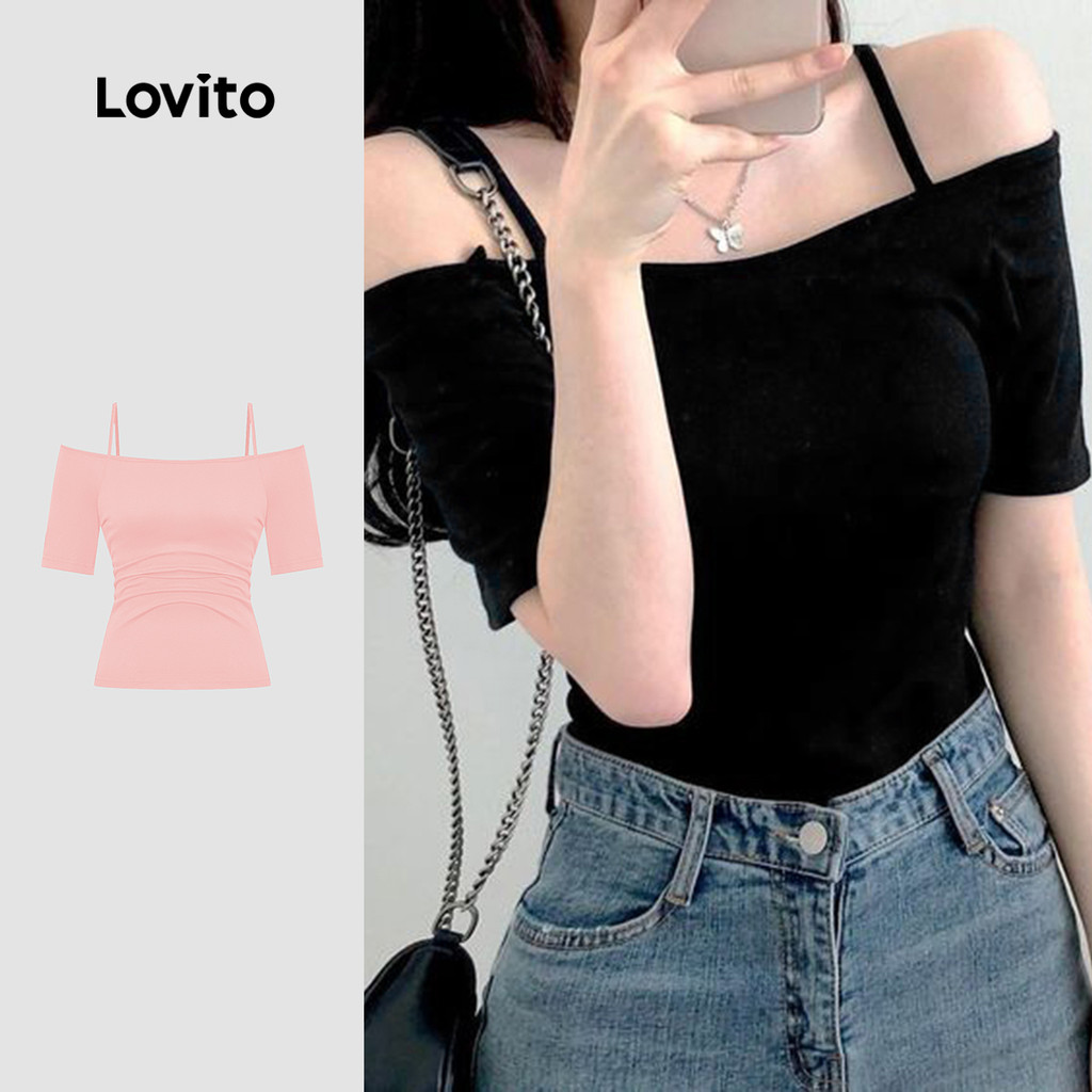 Lovito Camiseta Glamourosa Lisa Plissada Sem Costas Para Mulheres L101AD185 em Oferta na Shopee