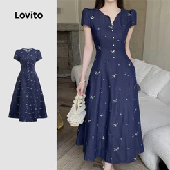 Lovito Elegante Vestido Confortável E Estiloso Azul Marinho Primavera/verão Para Mulheres L150AD898