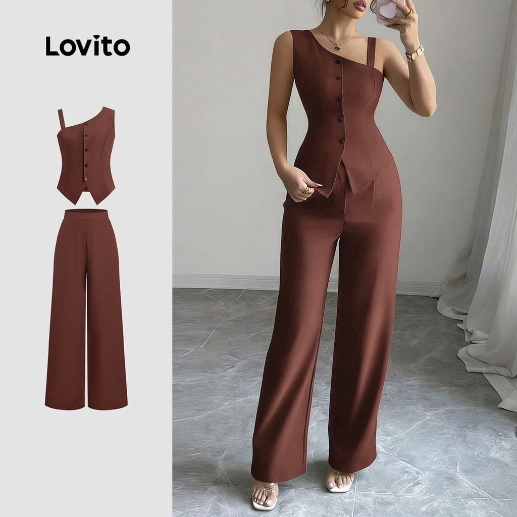 Lovito  Elegantes e Botão Frontal Ombro Frio Primavera/verão Calças Cáqui para Mulheres L172LD1191 em Oferta na Shopee