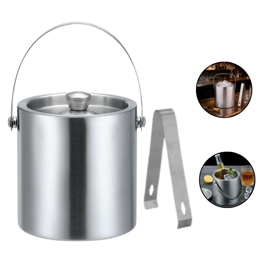 Balde De Gelo Tampa e Pegador Parede Dupla Aço Inox 1.6 Lt em Oferta na Shopee