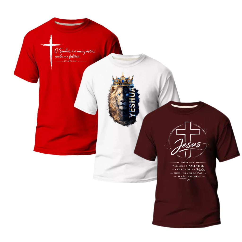 KIT 3 CAMISAS GOLPEL EVANGÉLICAS 100% ALGODÃO YESHUA VERSÍCULOS em Oferta na Shopee