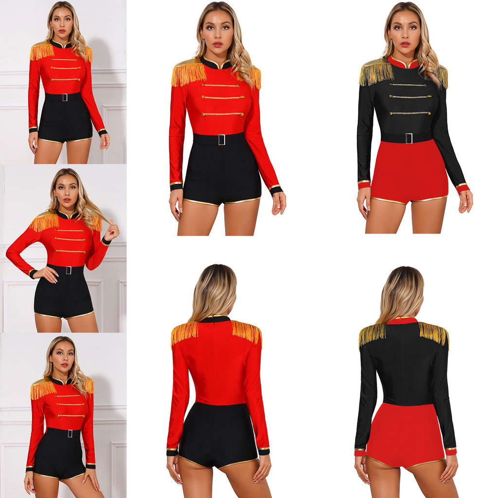 inhzoy Feminino Halloween Circo Ringmaster Macacão Trajes Franja Ombro Placas Ouro Decorado Contraste Cosplay Bodysuit