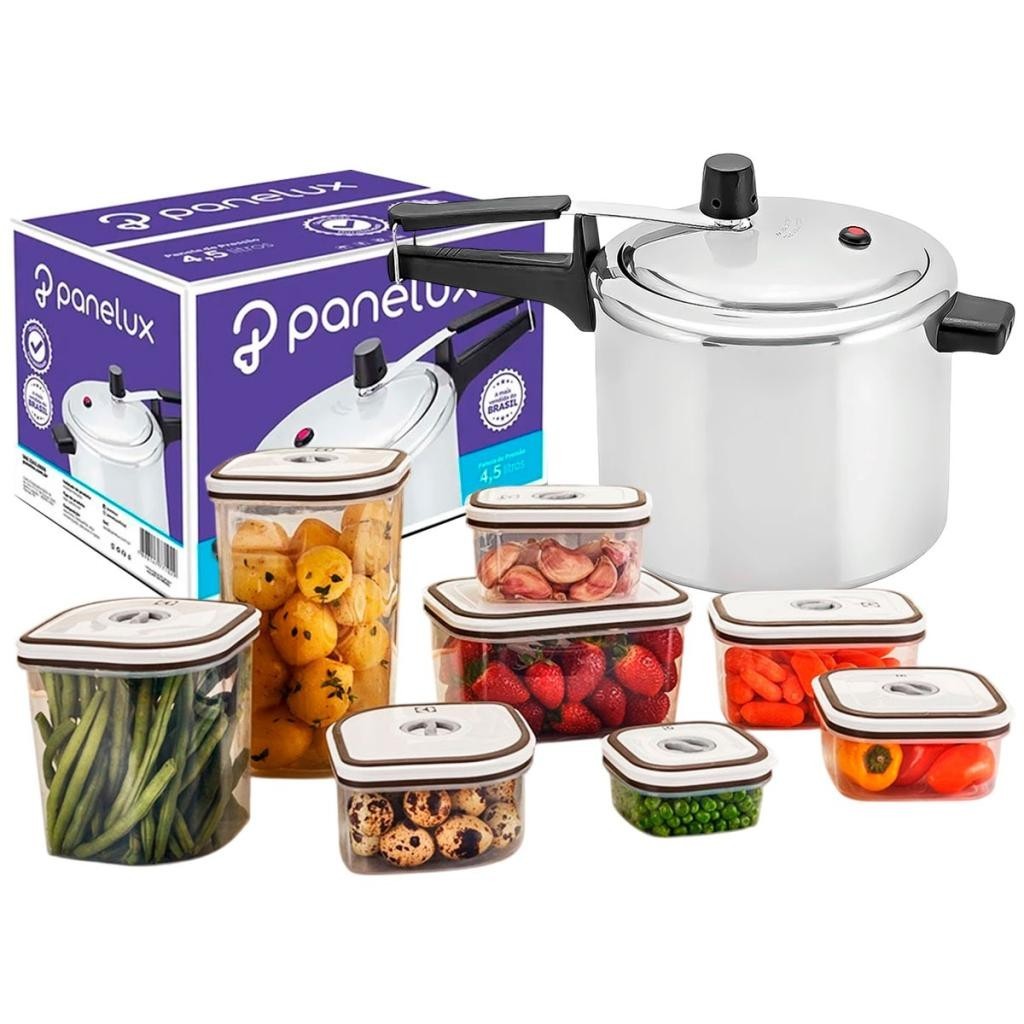 Panela de Pressão Classic Polida Panelux 4,5L e Jogo de Potes Herméticos Electrolux Multiuso 8 Pç em Oferta na Shopee
