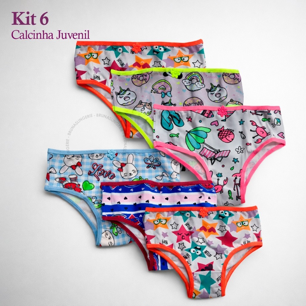 Kit 6 Calcinha Infantil 100% Algodão 4 A 12 Anos Estampas Sortidas Roupas Íntima Menina Confortável