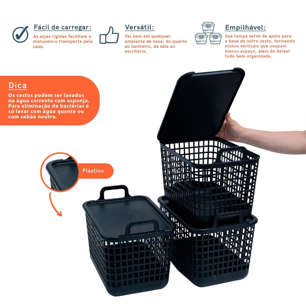 Kit 3 Cestos Telados com Tampa de Plástico 15l Preto – Oikos — imagem 2 de 2