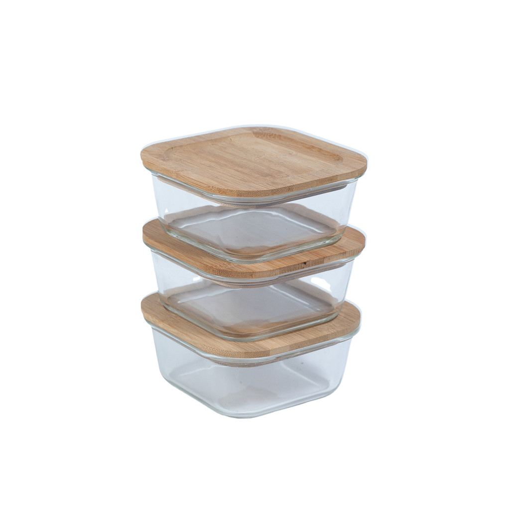 Kit Pote de Vidro Tampa Bambu Quadrado 800ml Raso 3pç - Oikos