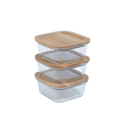 Kit Pote de Vidro Tampa Bambu Quadrado 800ml Raso 3pç - Oikos