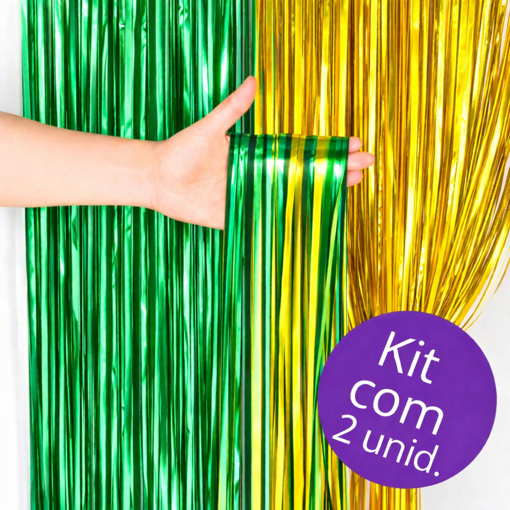 Kit Cortina Verde e Amarela Brasil Metalizada Franjada Festa Carnaval Copa do Mundo 2026 Decoração Para Copa