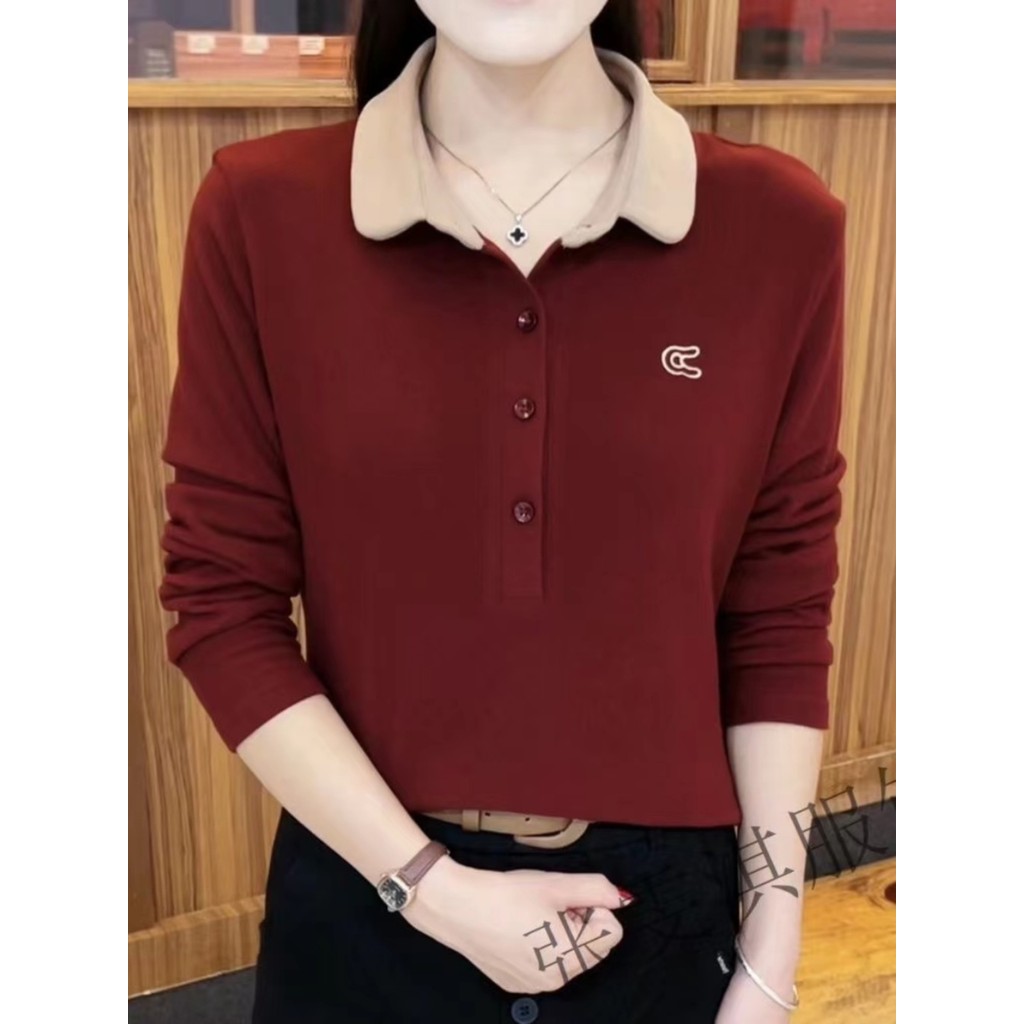Primavera outono novo estilo de manga comprida lapela camiseta POLO estilo ocidental mais magro olhar Plus Size topo de 