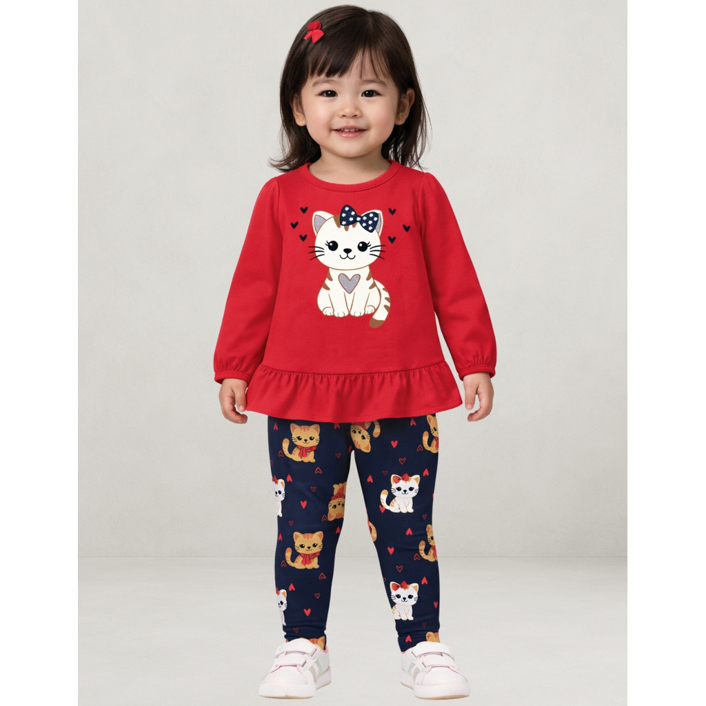 Conjunto Infantil Kyly Menina Inverno Blusa Vermelha Gatinha Legging Estampada 1001510