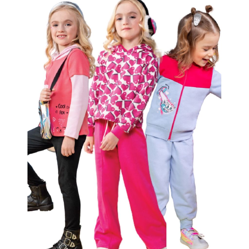 Kit 2 Conjuntos Inverno Infantil Feminino Moletom Flanelado e Legging 1 a 14 Anos