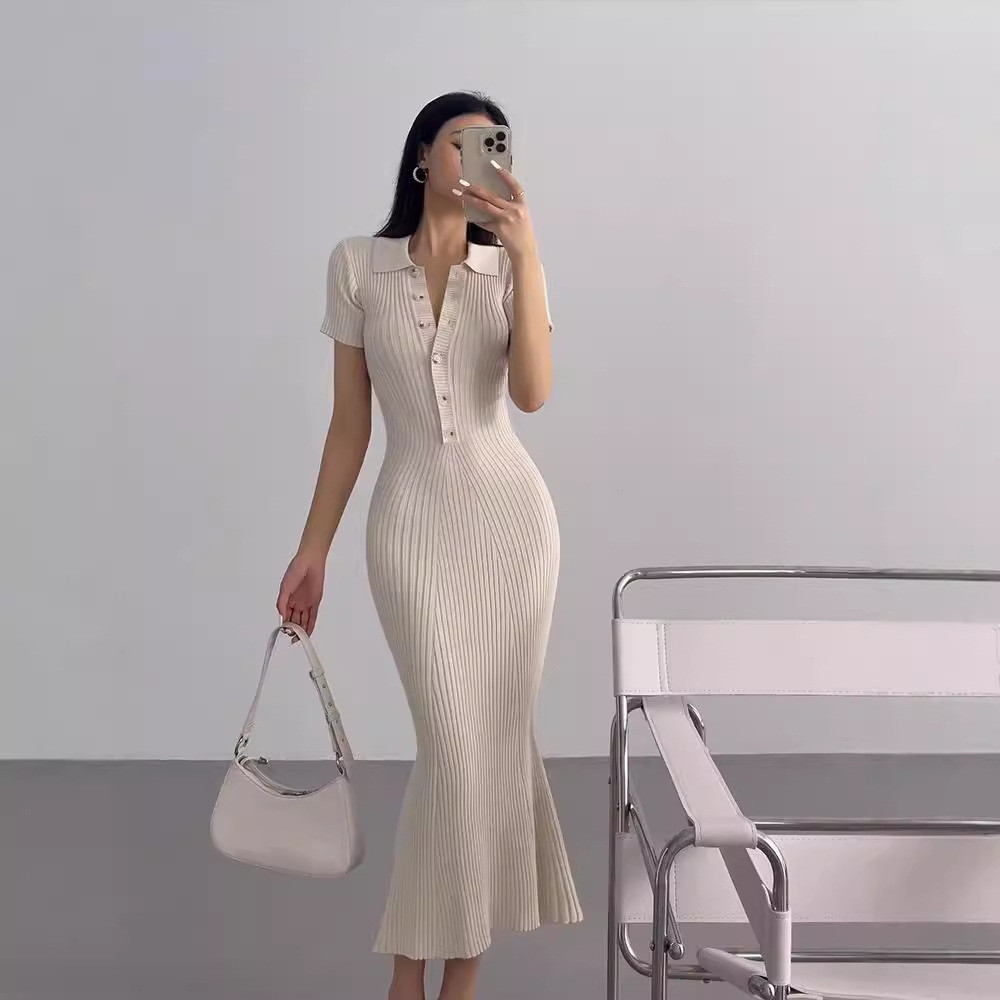 Vestido elegante e feminino de malha com corte sereia para mulheres, vestido bodycon de manga curta, ajustado ao corpo,