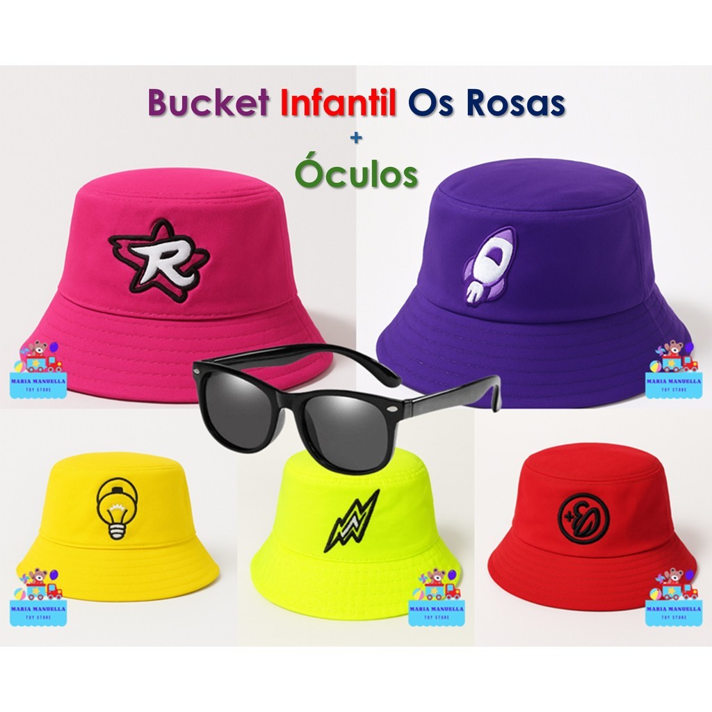Boné Bucket Infantil com Óculos Chapéu de Praia Moda Verão Criança Os Rosas