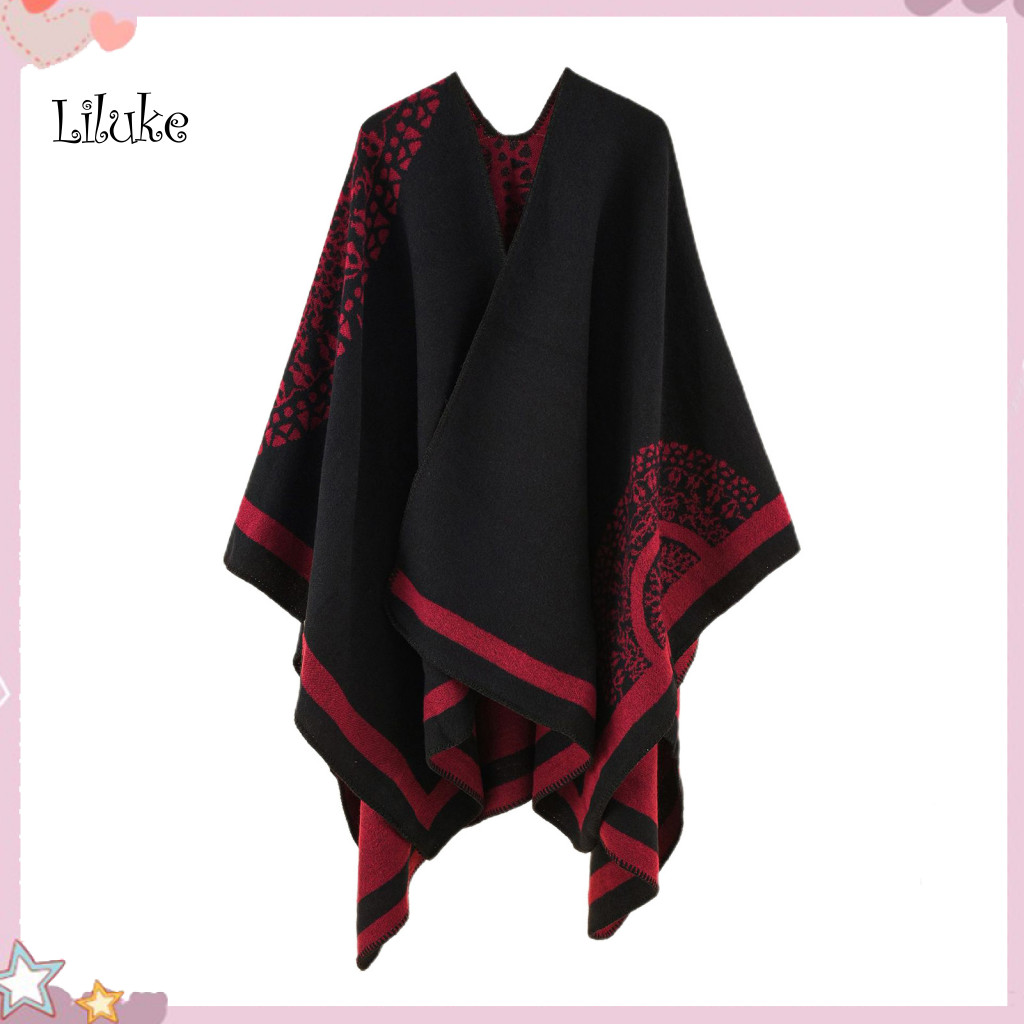 LK Poncho Casaco Espessamento Patchwork Imitado Cashmere Toque Suave Feminino Para Tempo Frio