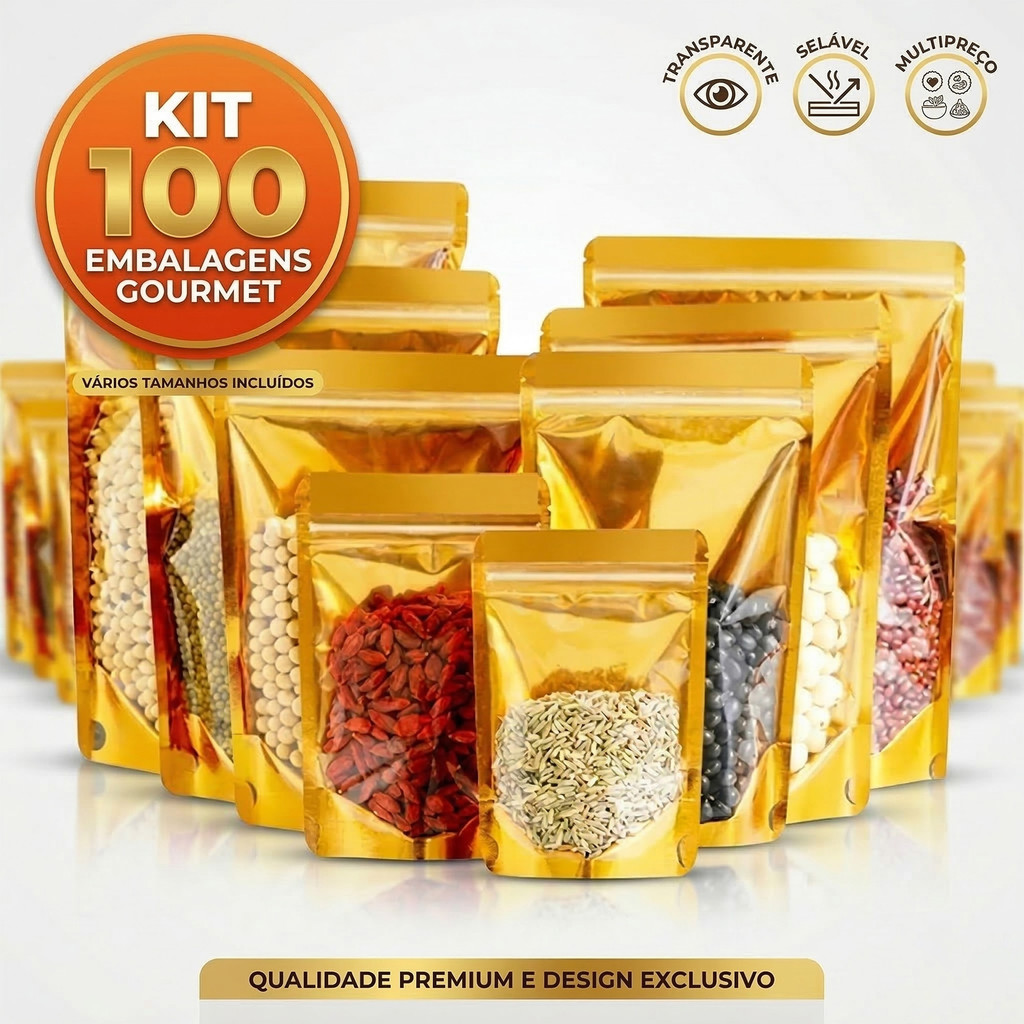 100 Unidades Sacos Ziplock Douradas Autoportantes com Visor, Sacos Herméticos para Alimentos em Oferta na Shopee