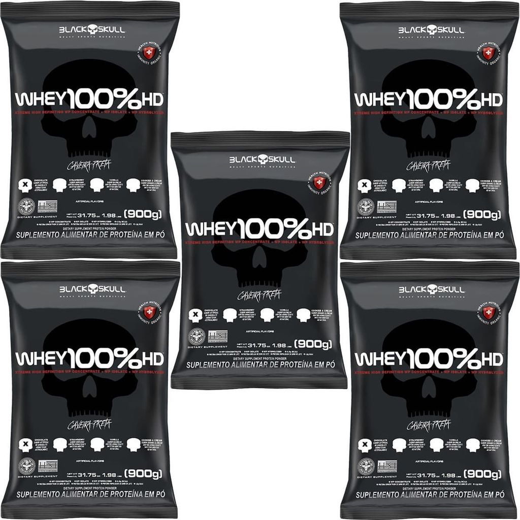 Kit 5X Whey 100% HD - 900g Refil Chocolate - Black Skull