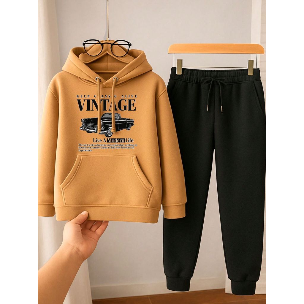 Conjunto Moletom Infantil Carro Vintage Blusa de Frio Canguru + Calça Blusao Com Capuz  2 até 16