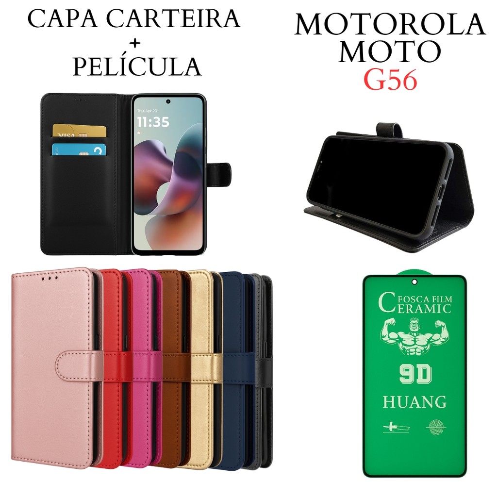 Capa Capinha Carteira + Película de Cerâmica Para Motorola Moto G56