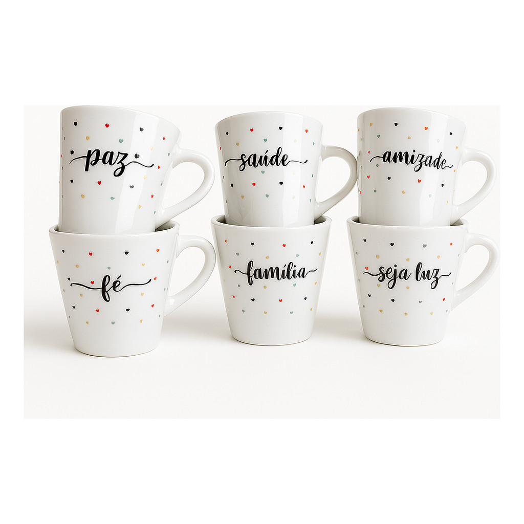 Jogo 6 Xicaras Porcelana 120ml Caneca Personalizada Frases Sortidas