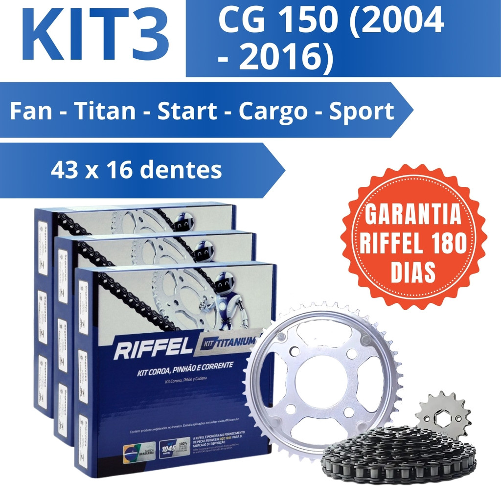 Kit 3 Relação Transmissão CG 150 Titan 2004 a 2016 – Riffel Titanium Aço 1045 71827-K3
