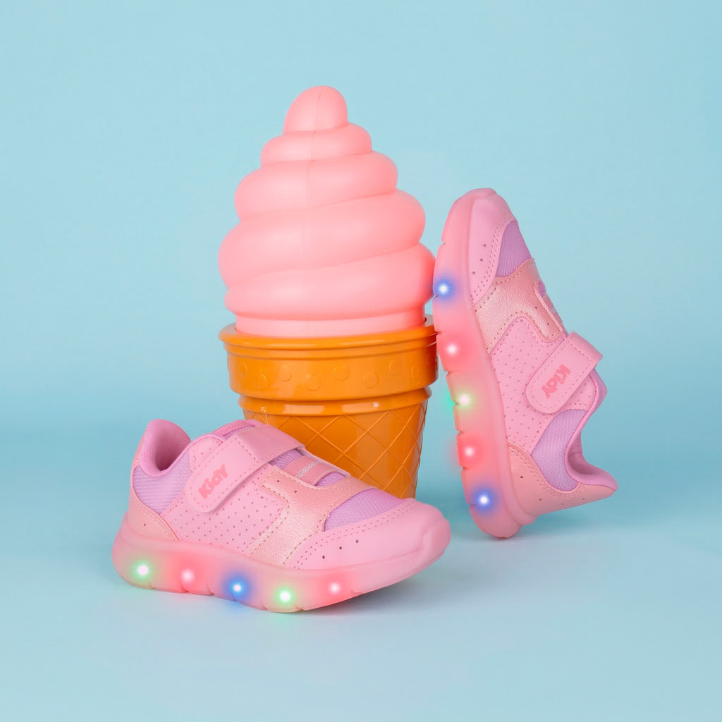 Tênis Infantil Menina Kidy Flex Light Rosa Luz Pisca Pisca Led Colorido Calce Fácil Casual Leve