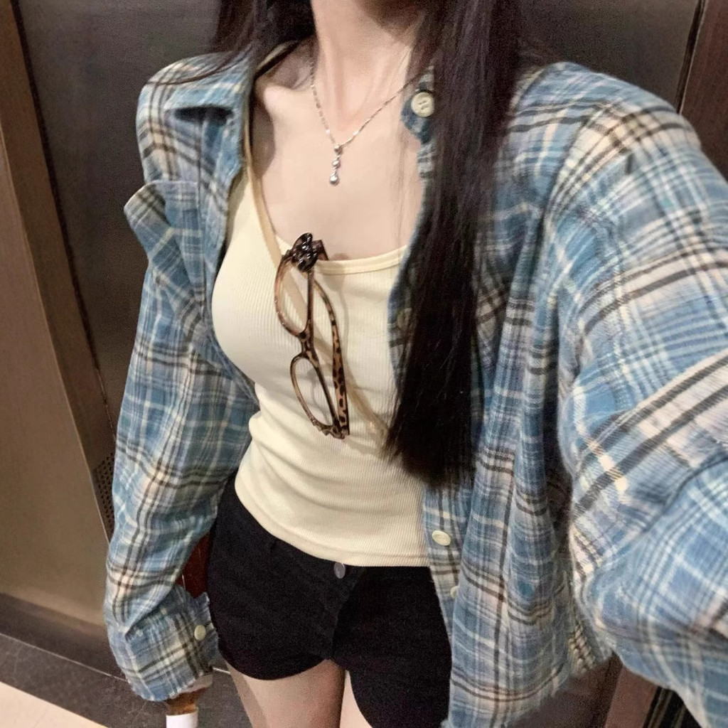 Camisa xadrez dupla Casual faculdade Cardigan manga camisa larga selecionada tecido respirável adequado para a pele