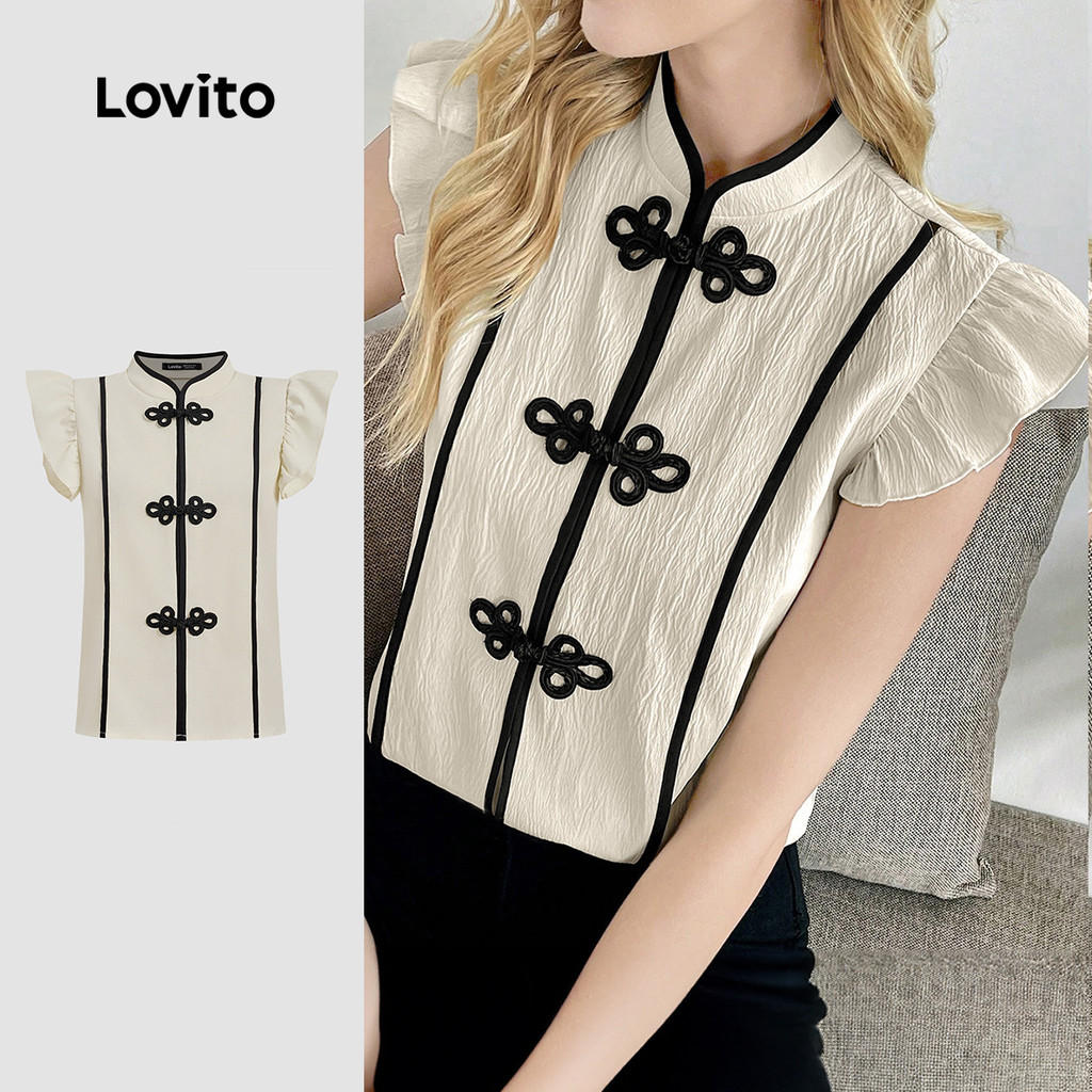 Lovito Blusa Elegante com Babados No Pescoço Férias Baile De Gala Primavera/verão Blusa Branca para Mulheres L170LD042
