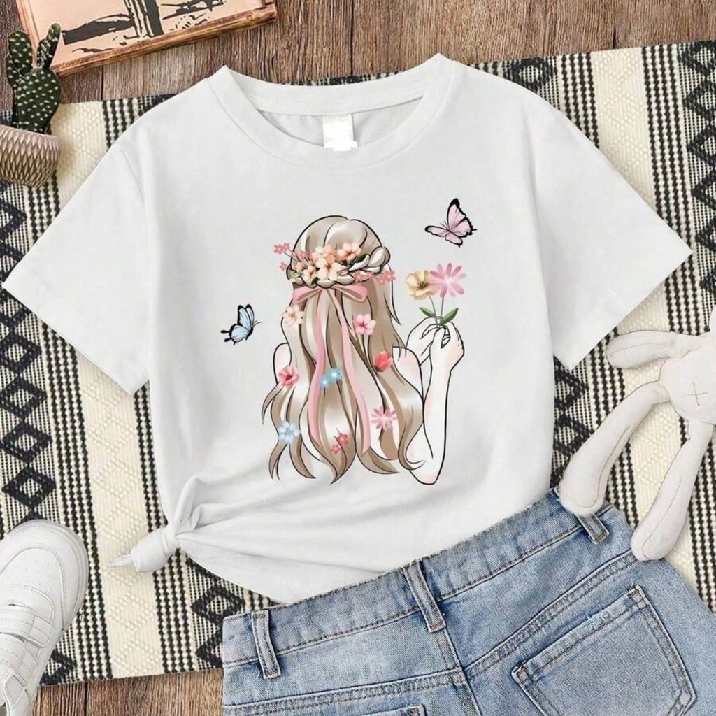 Camiseta Infantil Feminina Minimalista Estampa Costas Menina Roupa Moderna Algodão Confortável Manga Curta Look Verão