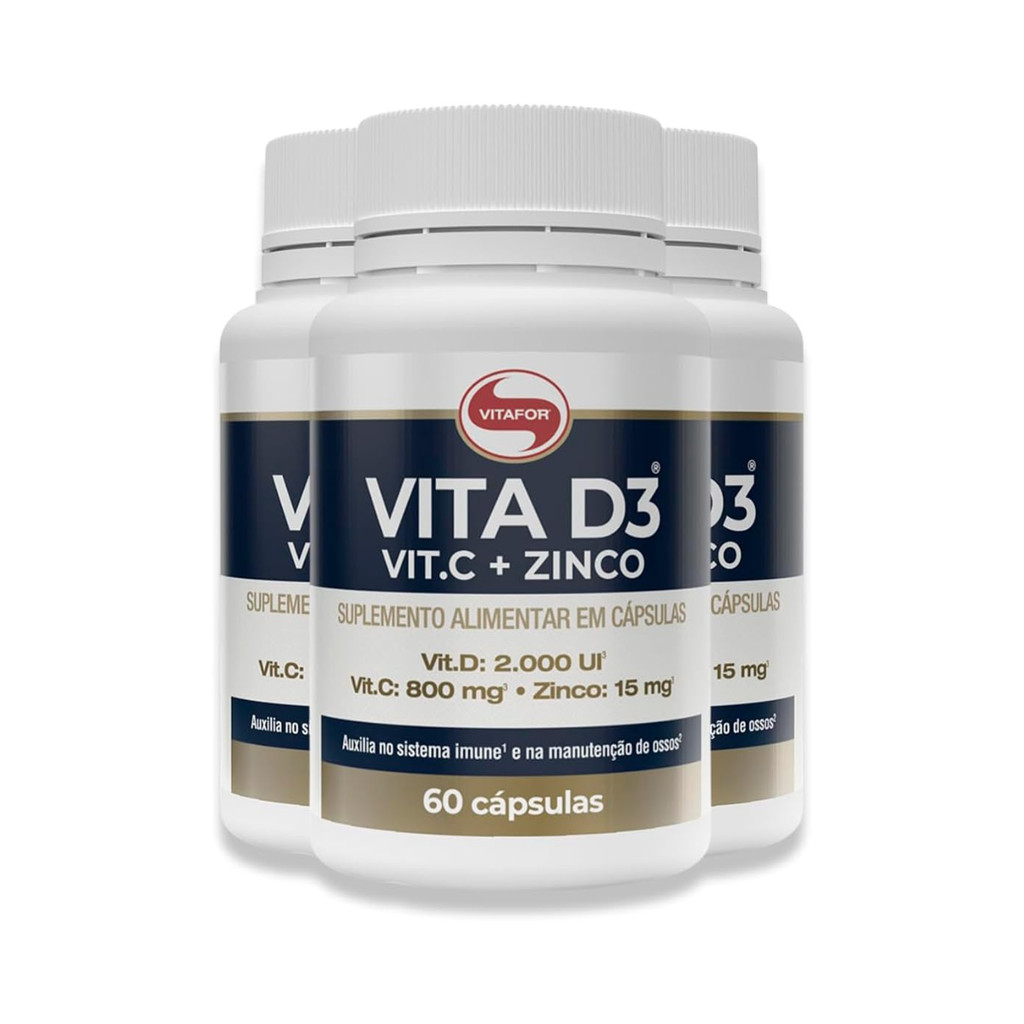 KIT 3 VITA D3 + C + ZINCO 60 CAPSULAS 1000MG VITAFOR