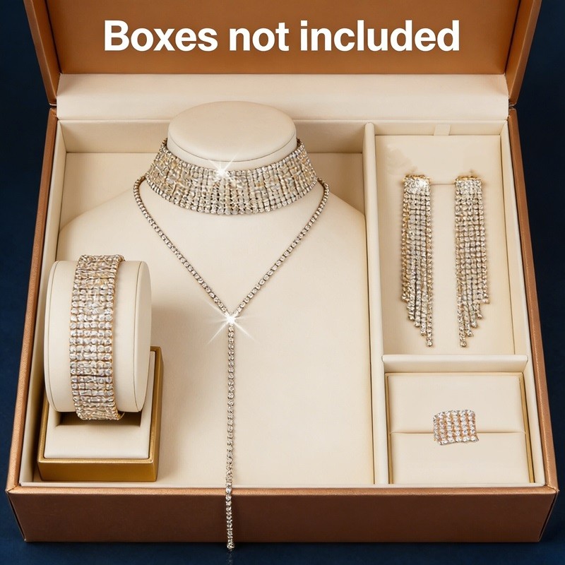 Conjunto de Joias Brilhante 4 Peças - Choker + Brincos + Pulseira + Anel para Festa Casamento em Oferta na Shopee
