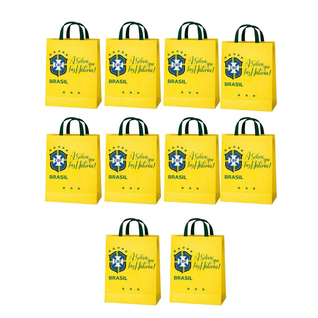 Kit 50 Sacolas Papel Off-Set C\ Alça Gorgurão Seleção Brasileira Presente Brasil