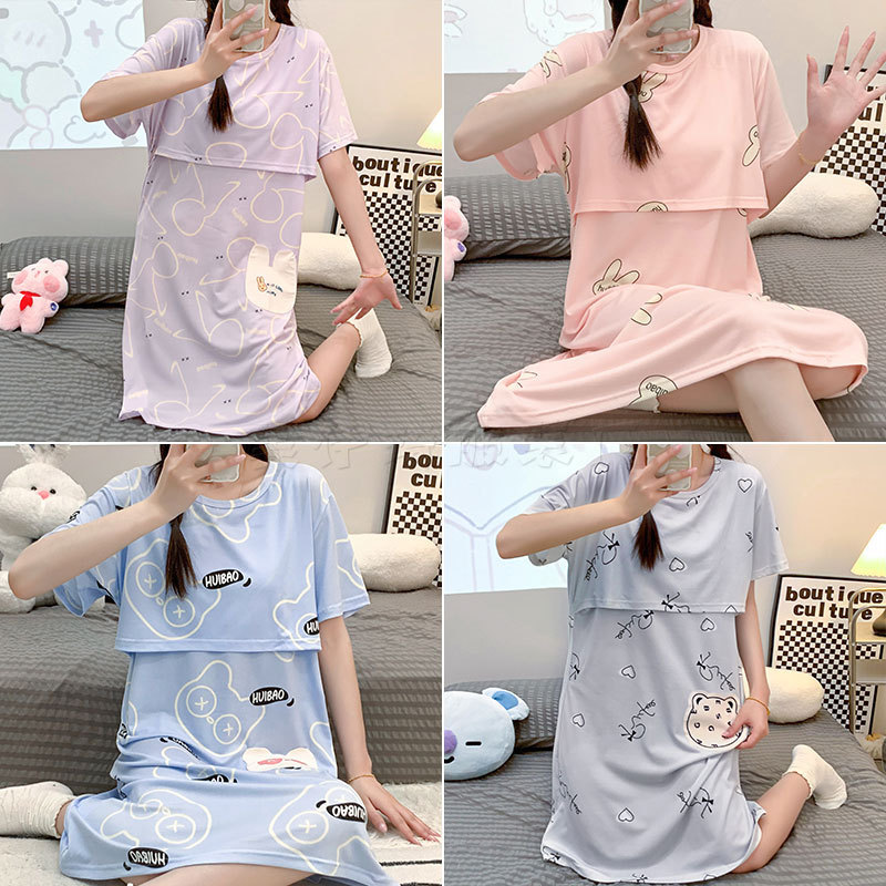 Camisola fina para maternidade, manga curta, Casual, pode usar fora, roupas soltas de enfermagem, vestido de maternidade