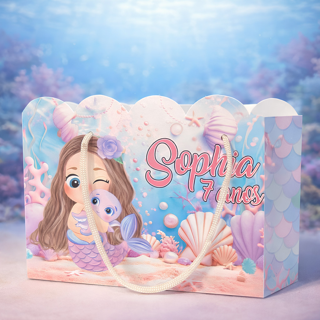 Kit Sacolinha Sacola Papelaria Personalizada Sereia Sacolinha de Lembrancinha Caixinha para Festa