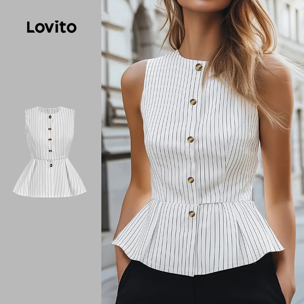 Lovito  Top Elegante com Botão Superior Frente com Babado e Bainha para Primavera/verão Branco para mulheres LBL33104 em Oferta na Shopee