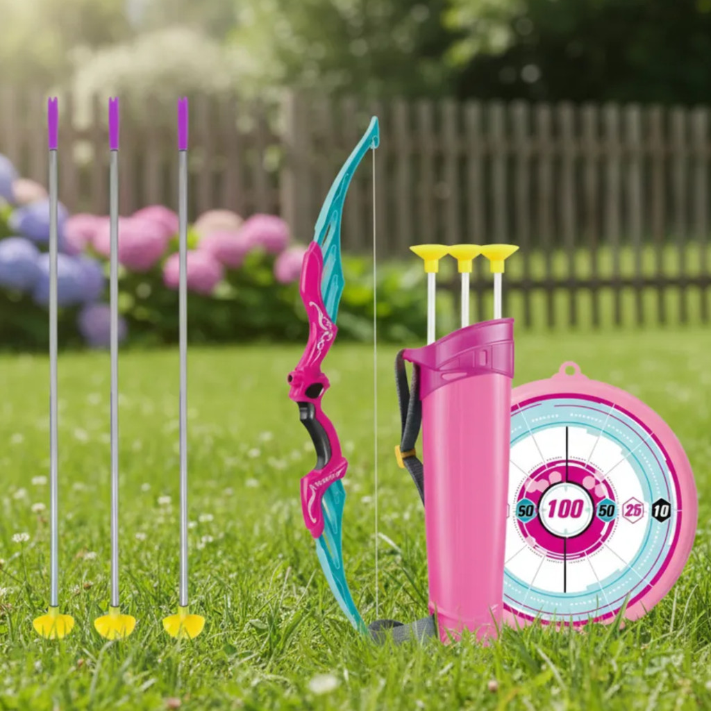 Brinquedo Infantil Arco E Flecha Rosa Com Alvo Mira Certa