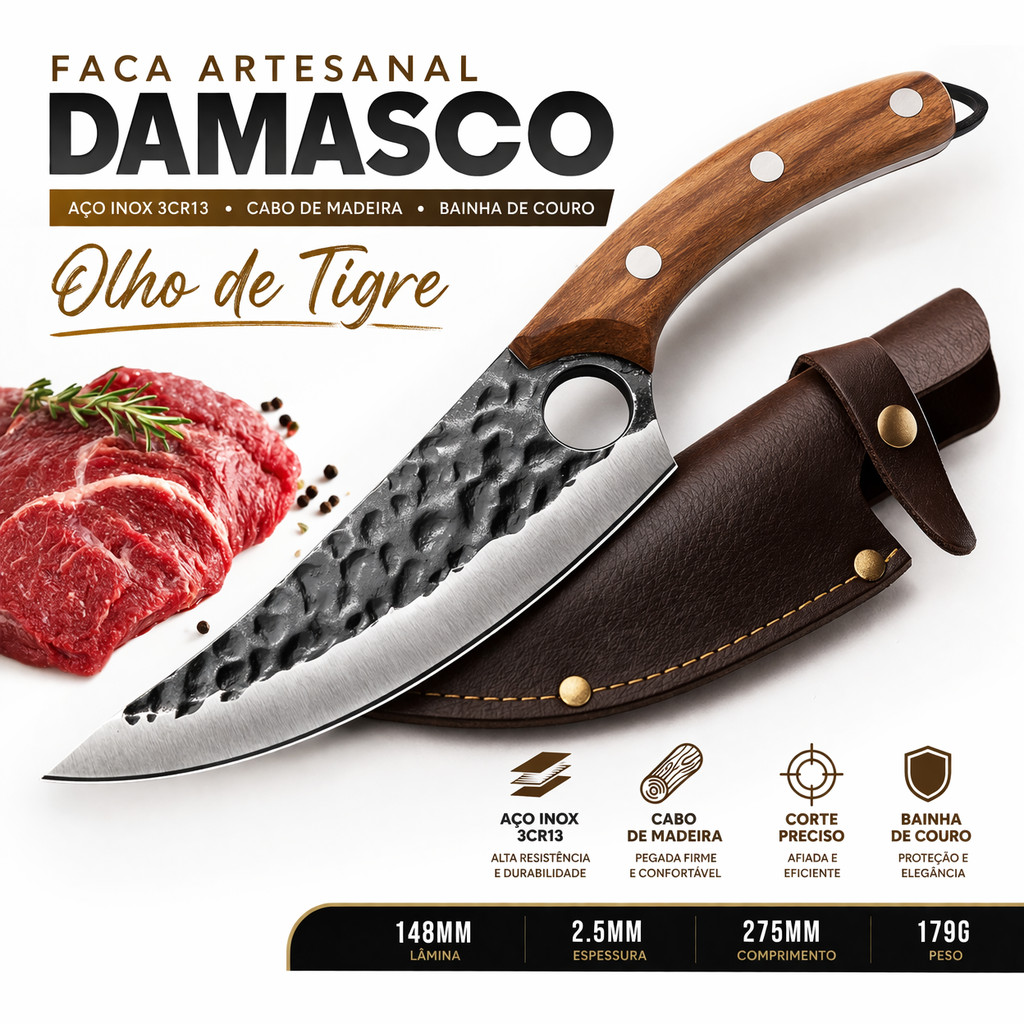 Faca Artesanal Damasco Aço Inox 3Cr13 Cabo Madeira com Bainha Couro Faca de Caça Churrasco