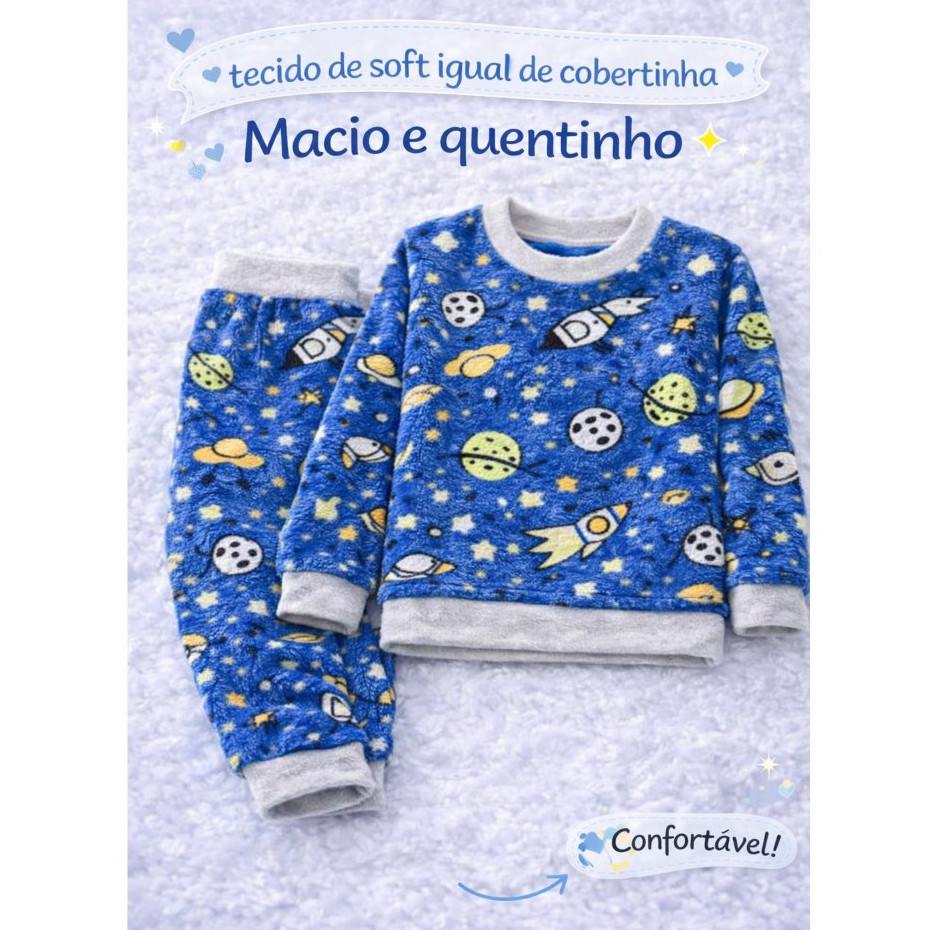 Pijama infantil Masculino Soft Fleece Inverno Fechado Quentinho Menino do Tamanho 2 Ao 12