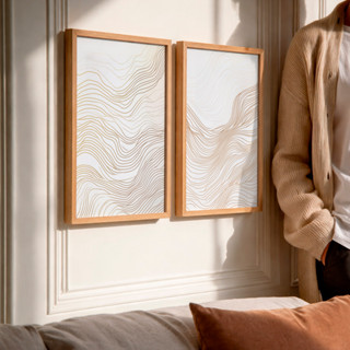 Kit 2 Quadros Decorativos com Moldura Linhas Onduladas Douradas Minimalista Fundo Claro Elegante em Oferta na Shopee