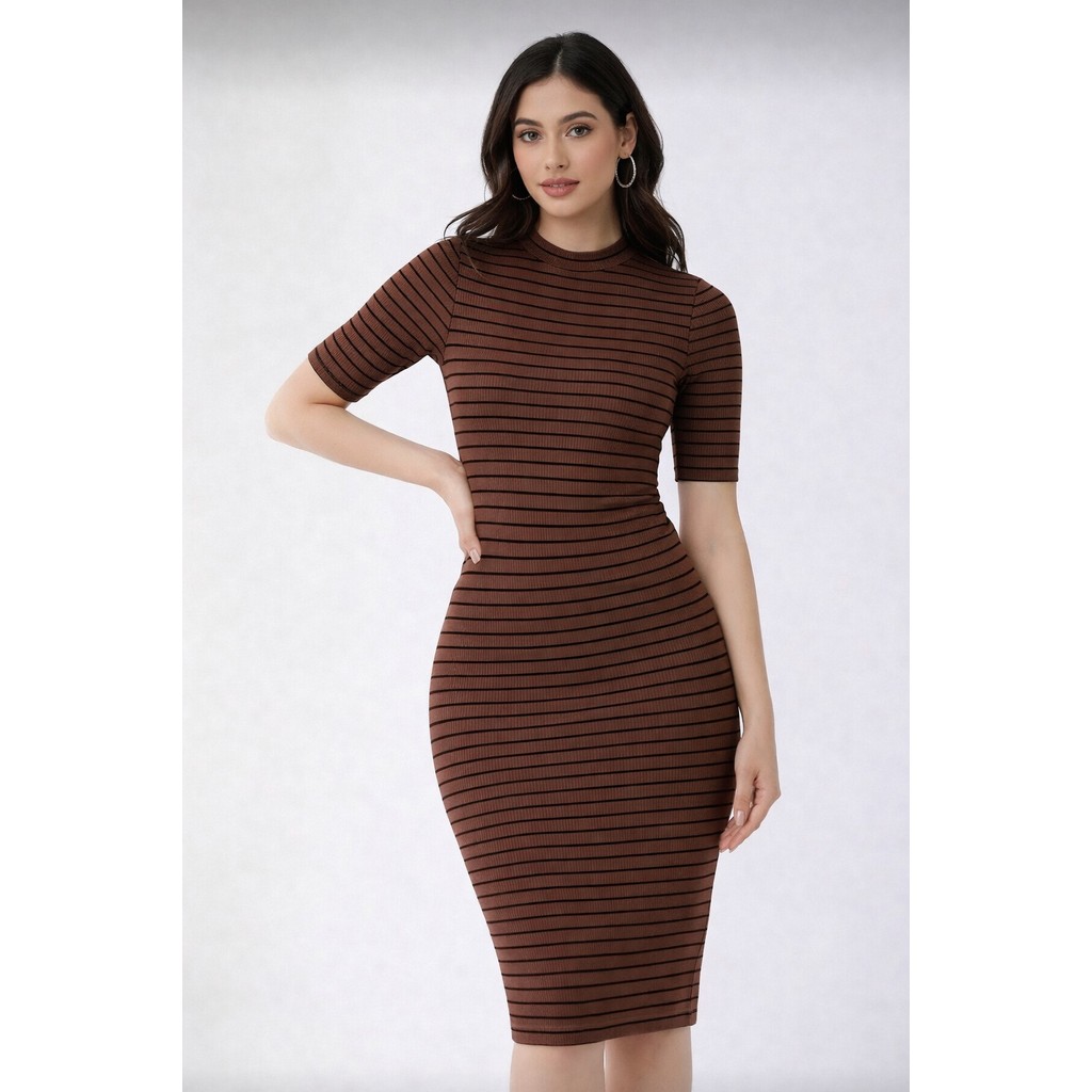 Vestido Midi Ribana Canelado Listrado Moda Casual Moda Feminina Moda Cristã