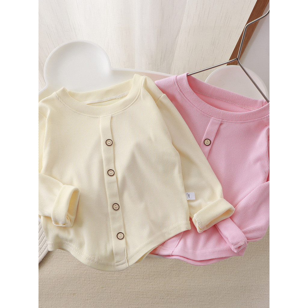 Meninas doce camiseta de manga comprida versão coreana Casual cor sólida bebê menina camisa de fundo crianças em torno d